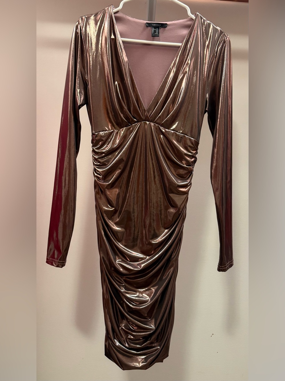 Forever 21 Metallic Brown Ruched V-Neck Long-Sleeve Dress